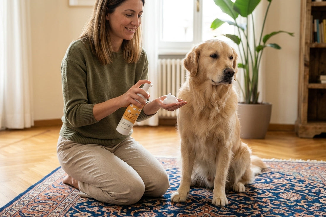Golden Retriever rilassato durante il bagno, atmosfera calda e naturale, shampoo per pelle sensibile sullo sfondo.