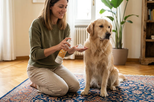 Golden Retriever rilassato durante il bagno, atmosfera calda e naturale, shampoo per pelle sensibile sullo sfondo.